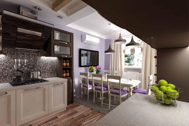 Nowoczesna kuchnia - białe meble kuchenne i fioletowe ściany